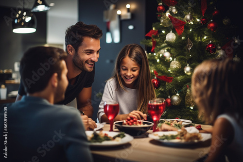 Happy family eating festive Christmas dinner with kids at home. Generative AI © marcin jucha