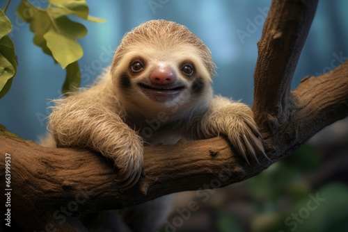 A smiling baby sloth in the wild