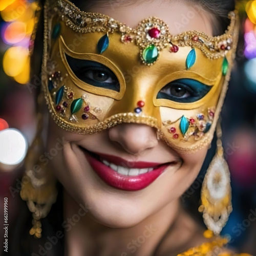 Retrato de muy cerca del rostro de una mujer sonriendo con un antifaz de carnaval 