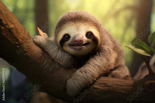 A smiling baby sloth in the wild