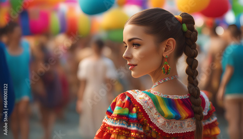 Women wear Mexico fiesta dress with elegant background ai generated