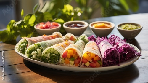 rice wraps with colorful veggies and assorted sauces