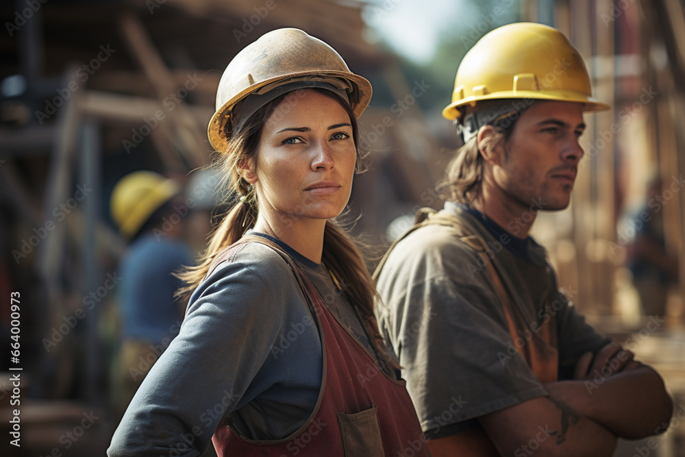 Portrait of a female worker at a construction site with other workers in the background Portrait of a female worker at a construction site with other workers in the background