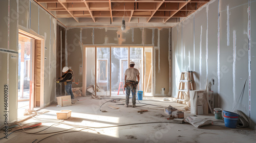 Drywall Interior installation work at a residential housing construction site photo