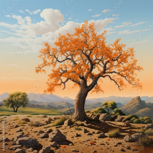a single apricot tree in a field