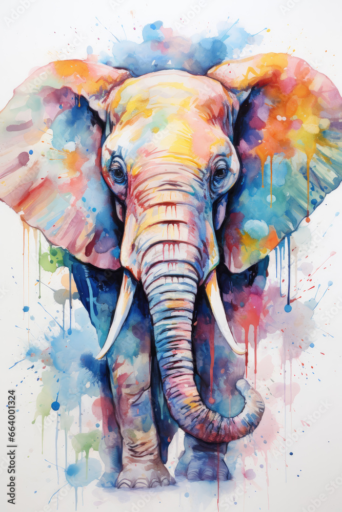 Obraz premium A vibrant watercolor depiction of an elephant's face and trunk, drenched in a myriad of colorful splashes and dripping details.