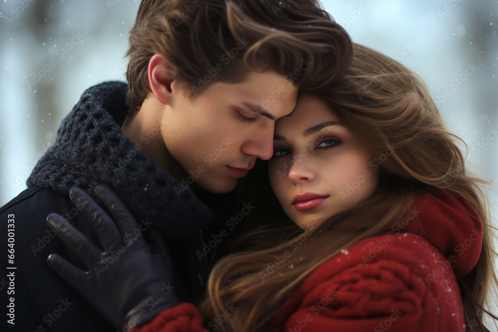 Couple portrait two lovers spending snowy day together winter xmas time Generative AI Couple portrait two lovers spending snowy day together winter xmas time Generative AI
