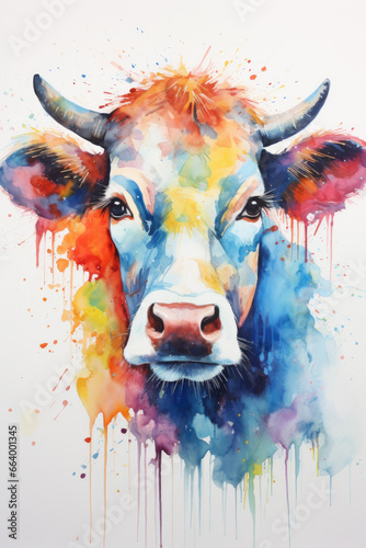 A vivid watercolor portrayal of a bull's face, bursting with a spectrum of colors and dripping paint details.