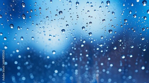 Raindrops on a sapphire glass background  bokeh street lights blurred  a picturesque autumnal backdrop.