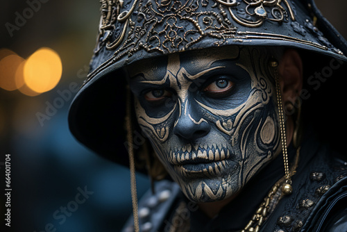 Generative AI portrait of creepy personage fantasy costume halloween makeup celebration