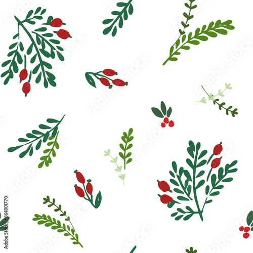 Seamless Christmas vector botanical repeat pattern with green branches and red berries tossed on white. 