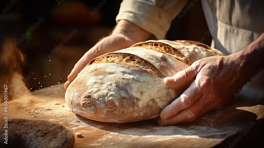 A baker's hands skillfully shaping and scoring a rustic artisan bread A baker's hands skillfully shaping and scoring a rustic artisan bread