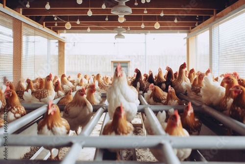 A modern chicken farm with a well-organized and spacious environment, featuring a close-up shot of a chicken house. Generative AI
