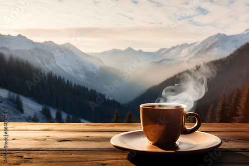 Cozy Winter Mornings, Steamy Cup of Coffee amidst Serene Mountain and Forest Landscape © NE97
