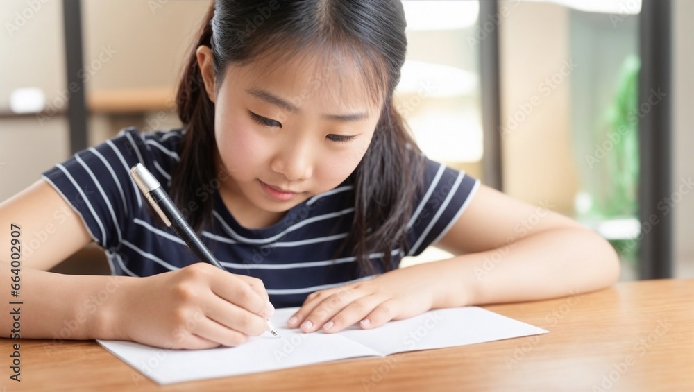 Focused young asian schoolgirl writing for academic exam study Focused young asian schoolgirl writing for academic exam study