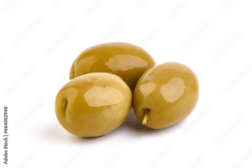 Green olives, isolated on a white background. Green olives, isolated on a white background.