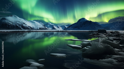 The night sky illuminated with striking auroras mirrored in a placid ocean amongst snowy peaks and boulders.