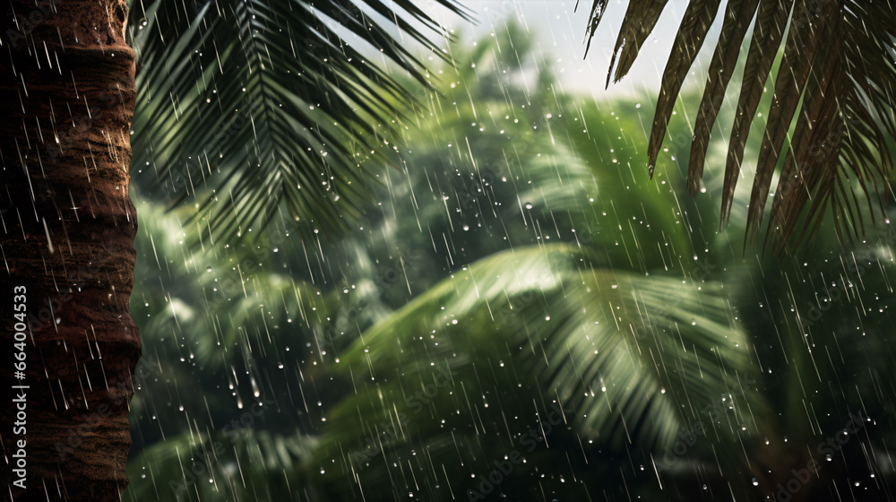 Tropical showers during the monsoon season fill a verdant garden with palms.