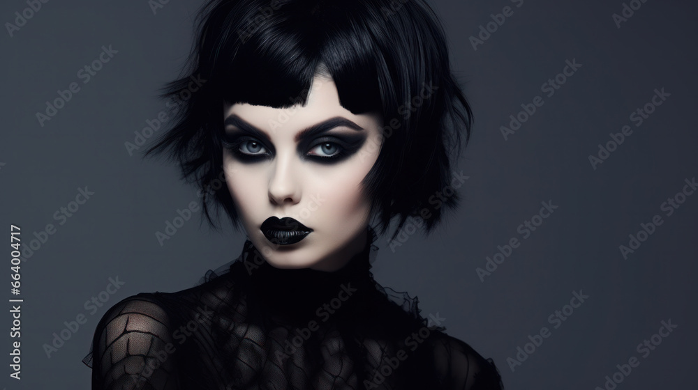 High Fashion Model Girl Portrait with Trendy gothic make-up, Black Hair style, Make up, dark accessories. Halloween Vampire Woman portrait with black smoky eyes, feathers dress, over black background
