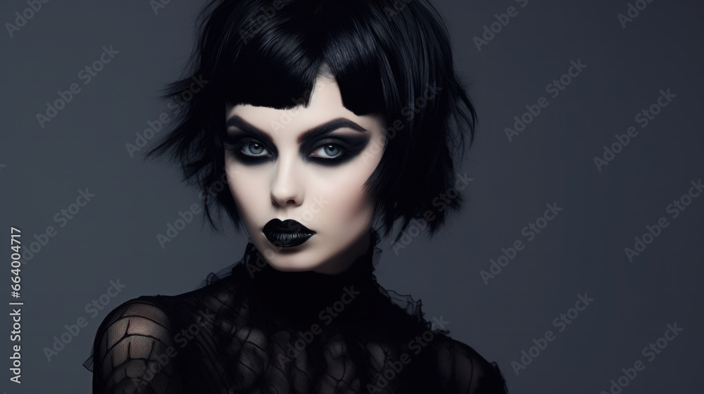 Fototapeta premium High Fashion Model Girl Portrait with Trendy gothic make-up, Black Hair style, Make up, dark accessories. Halloween Vampire Woman portrait with black smoky eyes, feathers dress, over black background