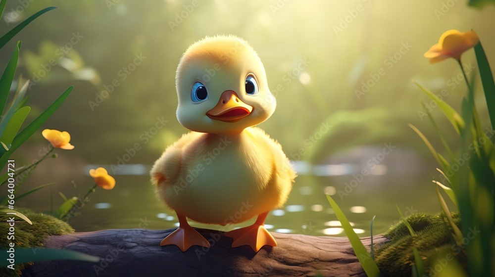 Cute scene of a little duck in nature, illustration in 3d cartoon style. Created with Generative Ai technology. Cute scene of a little duck in nature, illustration in 3d cartoon style. Created with Generative Ai technology.