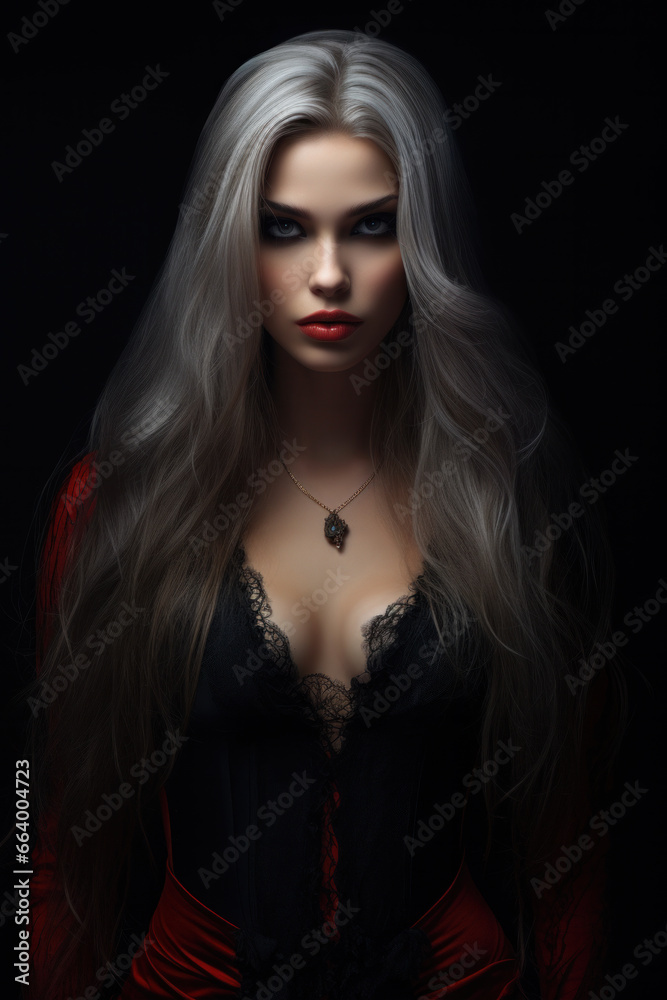 High Fashion Model Girl Portrait with Trendy gothic make-up, Black Hair style, Make up, dark accessories. Halloween Vampire Woman portrait with black smoky eyes, feathers dress, over black background High Fashion Model Girl Portrait with Trendy gothic make-up, Black Hair style, Make up, dark accessories. Halloween Vampire Woman portrait with black smoky eyes, feathers dress, over black background
