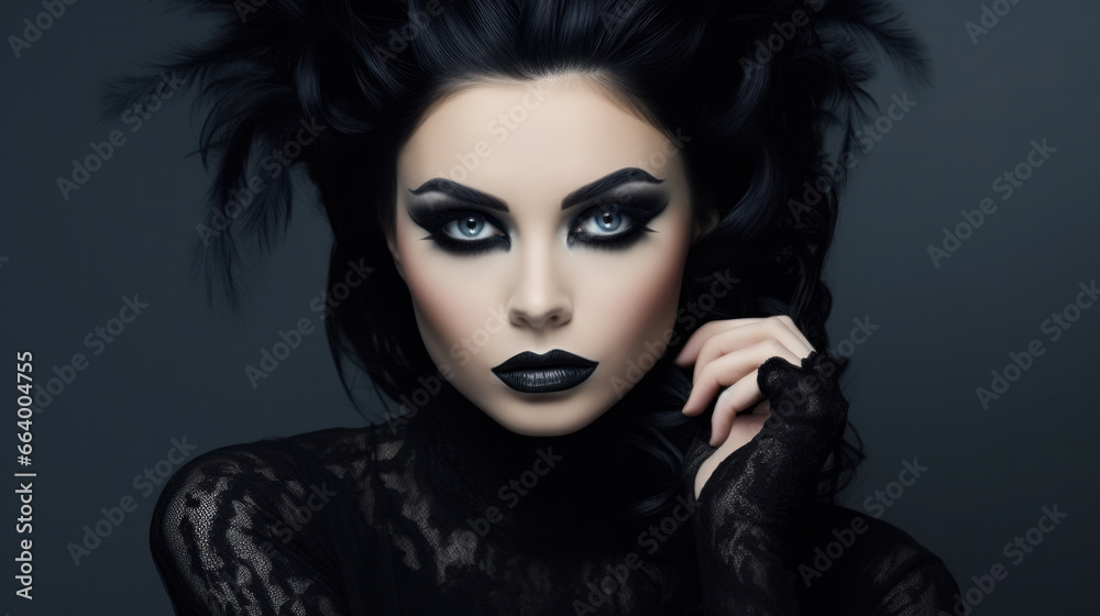 High Fashion Model Girl Portrait with Trendy gothic make-up, Black Hair style, Make up, dark accessories. Halloween Vampire Woman portrait with black smoky eyes, feathers dress, over black background High Fashion Model Girl Portrait with Trendy gothic make-up, Black Hair style, Make up, dark accessories. Halloween Vampire Woman portrait with black smoky eyes, feathers dress, over black background