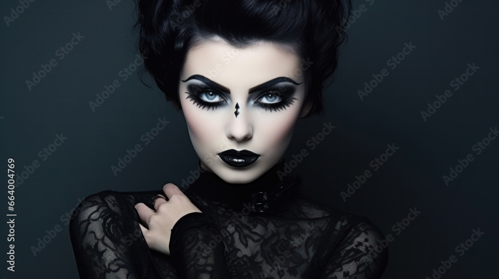 Fototapeta premium High Fashion Model Girl Portrait with Trendy gothic make-up, Black Hair style, Make up, dark accessories. Halloween Vampire Woman portrait with black smoky eyes, feathers dress, over black background