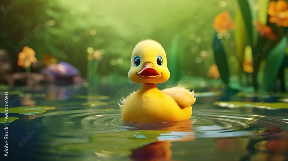 Cute scene of a little duck in nature, illustration in 3d cartoon style. Created with Generative Ai technology. Cute scene of a little duck in nature, illustration in 3d cartoon style. Created with Generative Ai technology.