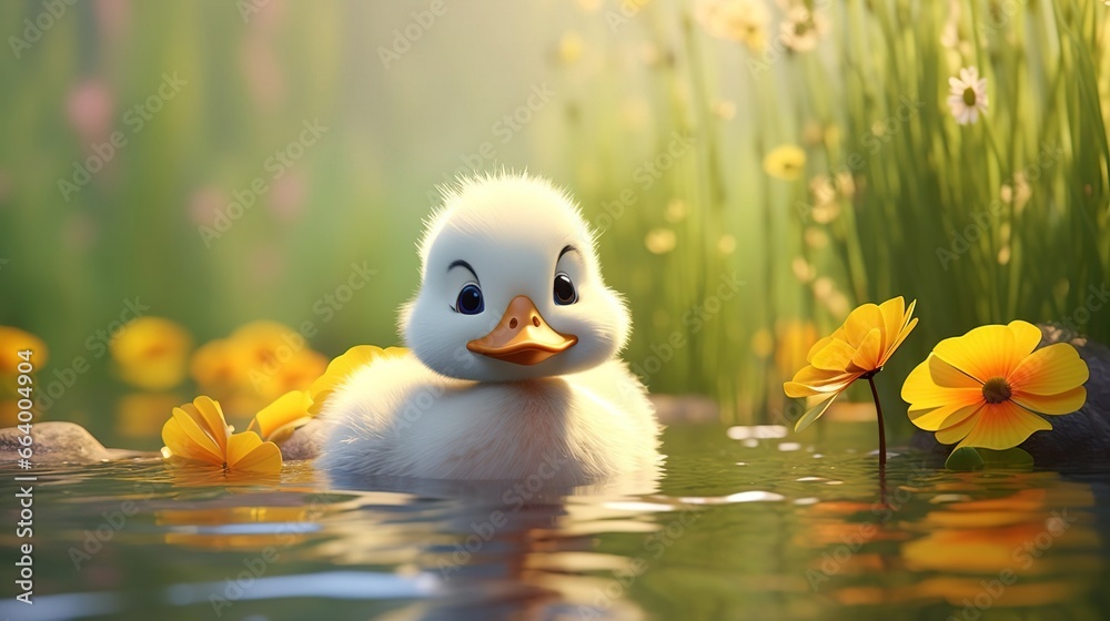 Cute scene of a little duck in nature, illustration in 3d cartoon style. Created with Generative Ai technology. Cute scene of a little duck in nature, illustration in 3d cartoon style. Created with Generative Ai technology.
