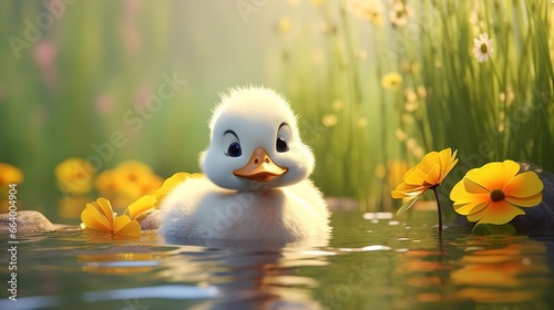 Stampa su tela Cute scene of a little duck in nature, illustration in 3d cartoon style
