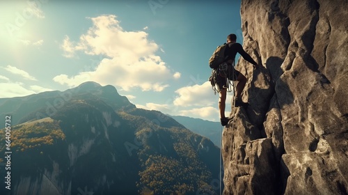 A climber scaling a challenging rock face in the mountains.