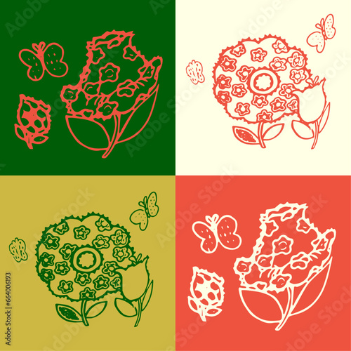 Vintage illustration of flat line flowers and butterflies, on bright, 4 color squares with retro color palette of yellow, green, orange, ivory, cream, white