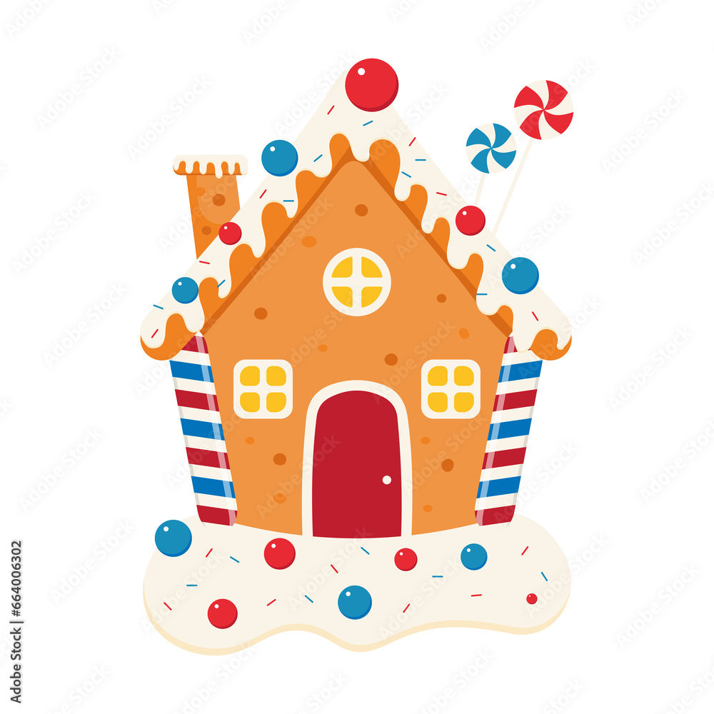 Bakery house. Christmas gingerbread. Cookies in the form of houses with candy decorations. Christmas sweets and gifts. Striped lollipops. Vector illustration Bakery house. Christmas gingerbread. Cookies in the form of houses with candy decorations. Christmas sweets and gifts. Striped lollipops. Vector illustration