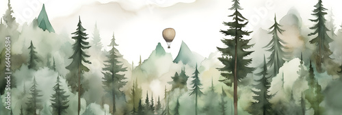 aquarell forest mountains watercolor landscape hot air balloon photo