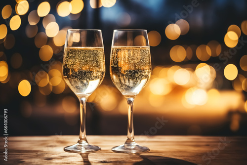 Two glasses of champagne standing on wooden table  blurred background with golden bokeh lights. Festive winter seasonal backdrop. Merry Christmas and Happy New Year card
