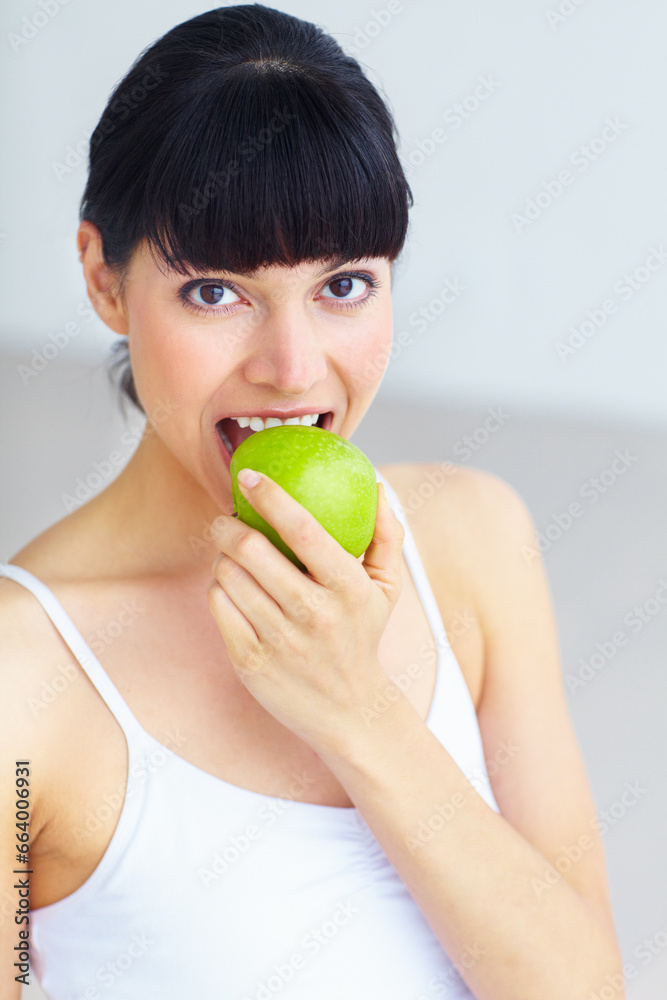 Apple, eating fruit and portrait of woman with organic product, fiber snack or morning nutrition for healthy balance. Weight loss diet, hungry vegan and face of nutritionist with self care food Apple, eating fruit and portrait of woman with organic product, fiber snack or morning nutrition for healthy balance. Weight loss diet, hungry vegan and face of nutritionist with self care food