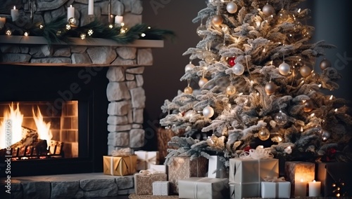 Christmas tree in the living room with a fireplace and gifts. Christmas background