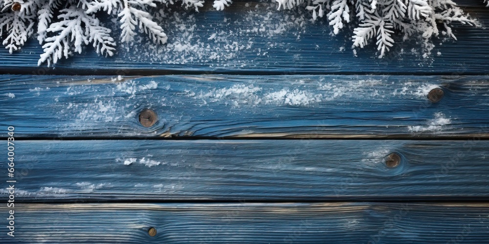 Christmas background with snow and fir tree branches on blue wooden planks Christmas background with snow and fir tree branches on blue wooden planks