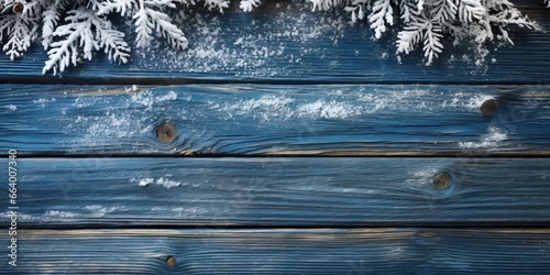Christmas background with snow and fir tree branches on blue wooden planks