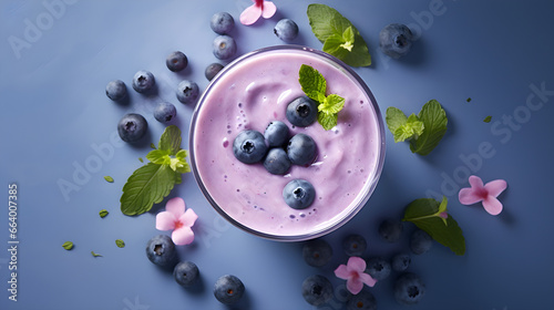 Glass of bluebery smoothy, flat lay, morning healthy breakfast, natural lighting, bright food photography, professional photography, high quality, Food magazine photography