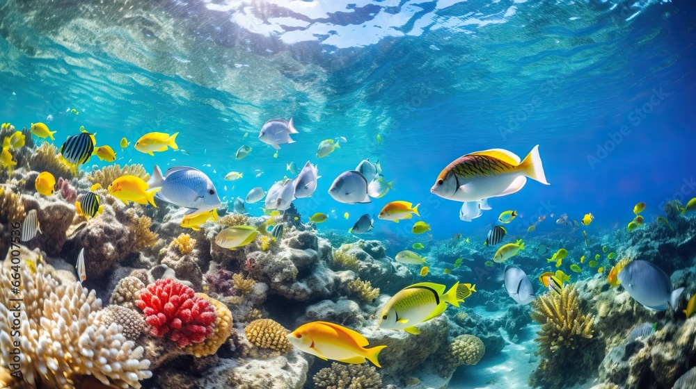Underwater view of coral reef and tropical fish. Underwater world.