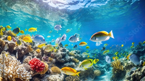 Underwater view of coral reef and tropical fish. Underwater world.