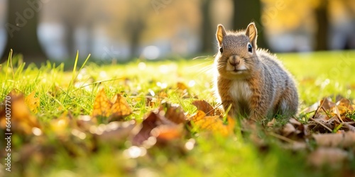 Squirrel in the park on sunny autumn day