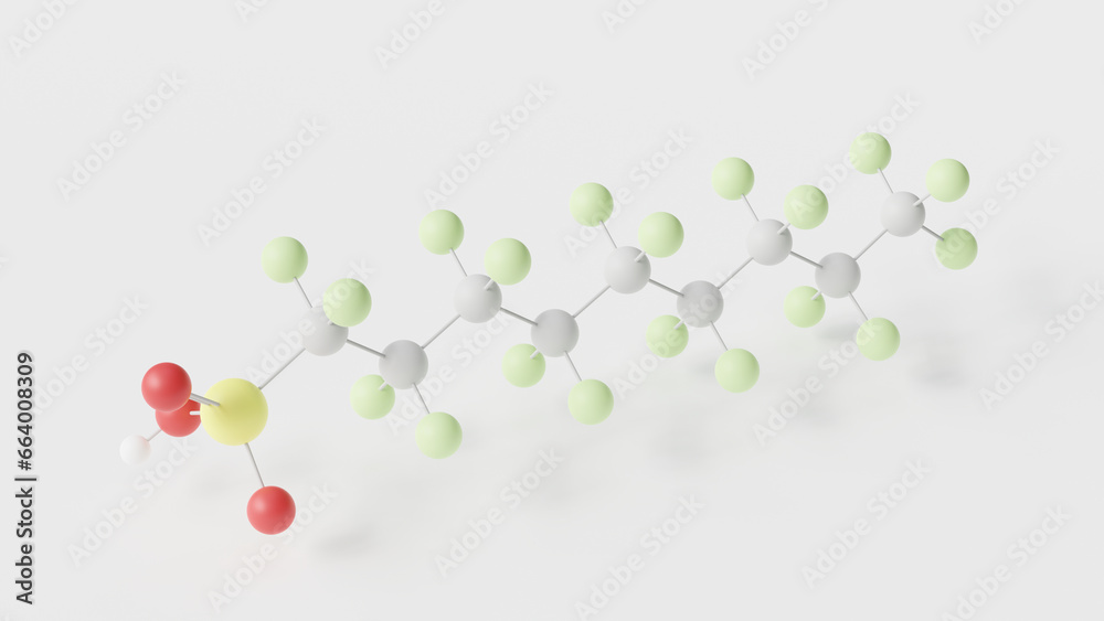 perfluorononanesulfonic acid molecule 3d, molecular structure, ball and stick model, structural chemical formula pfns perfluorononanesulfonic acid molecule 3d, molecular structure, ball and stick model, structural chemical formula pfns