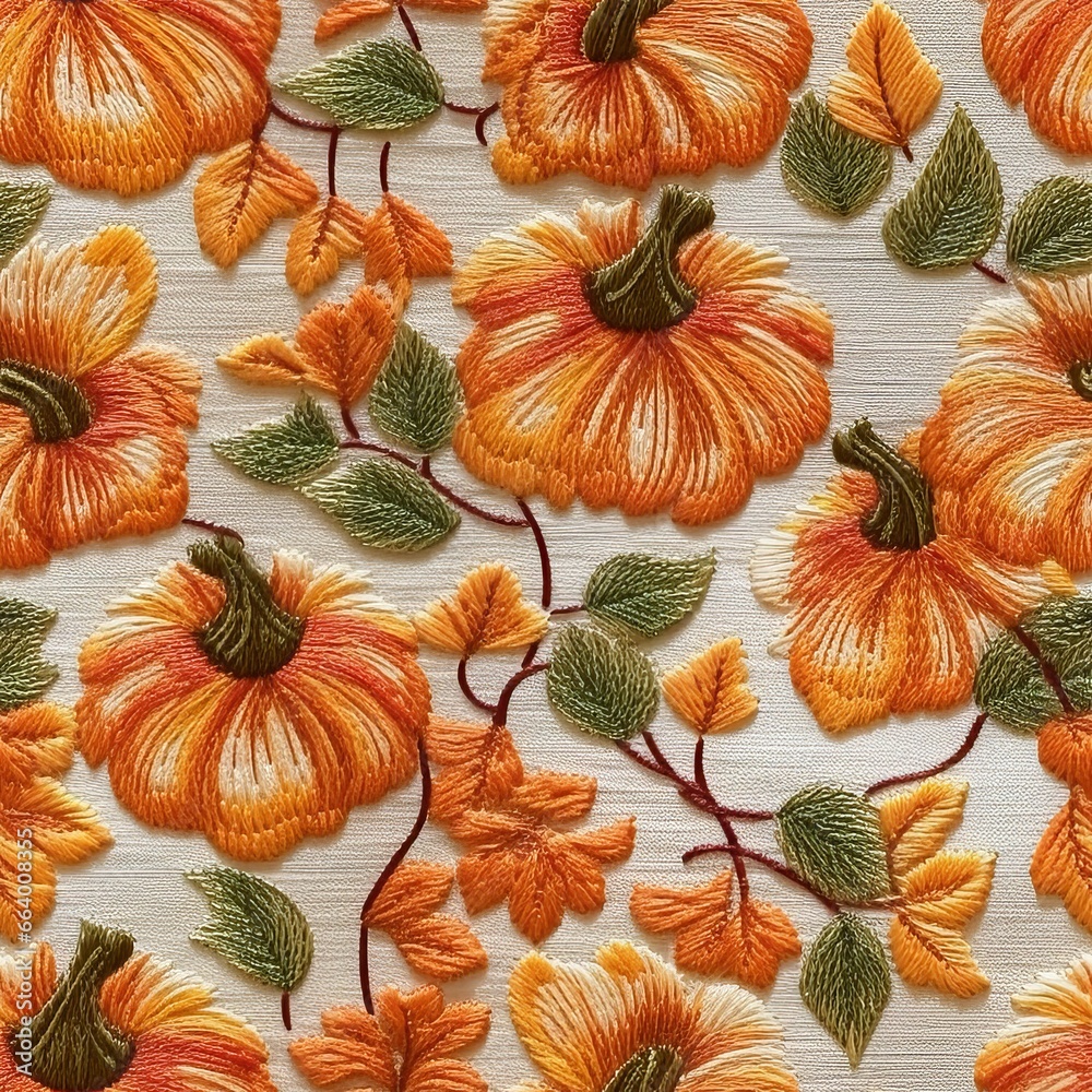 Fototapeta premium Seamless pumpkin pattern, embroidered harvest in an autumn color palette