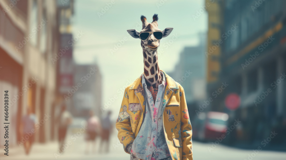 Giraffe Walking on a sidewalk in costume,  in the style of hip hop aesthetics