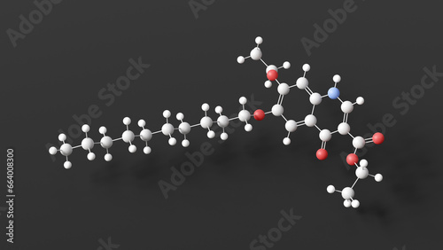 decoquinate molecule, molecular structure, quinolone coccidiostat, ball and stick 3d model, structural chemical formula with colored atoms photo