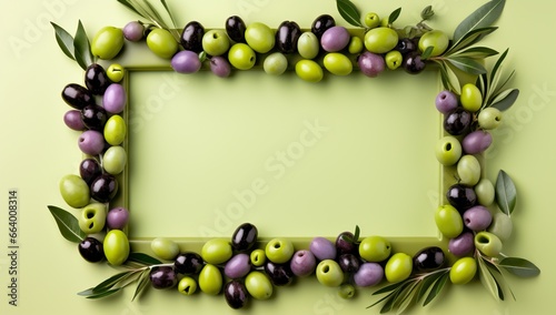 Frame made of olives with green and purple olives on green background