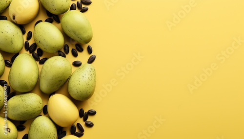 Green pear with seeds on yellow background. Top view, copy space